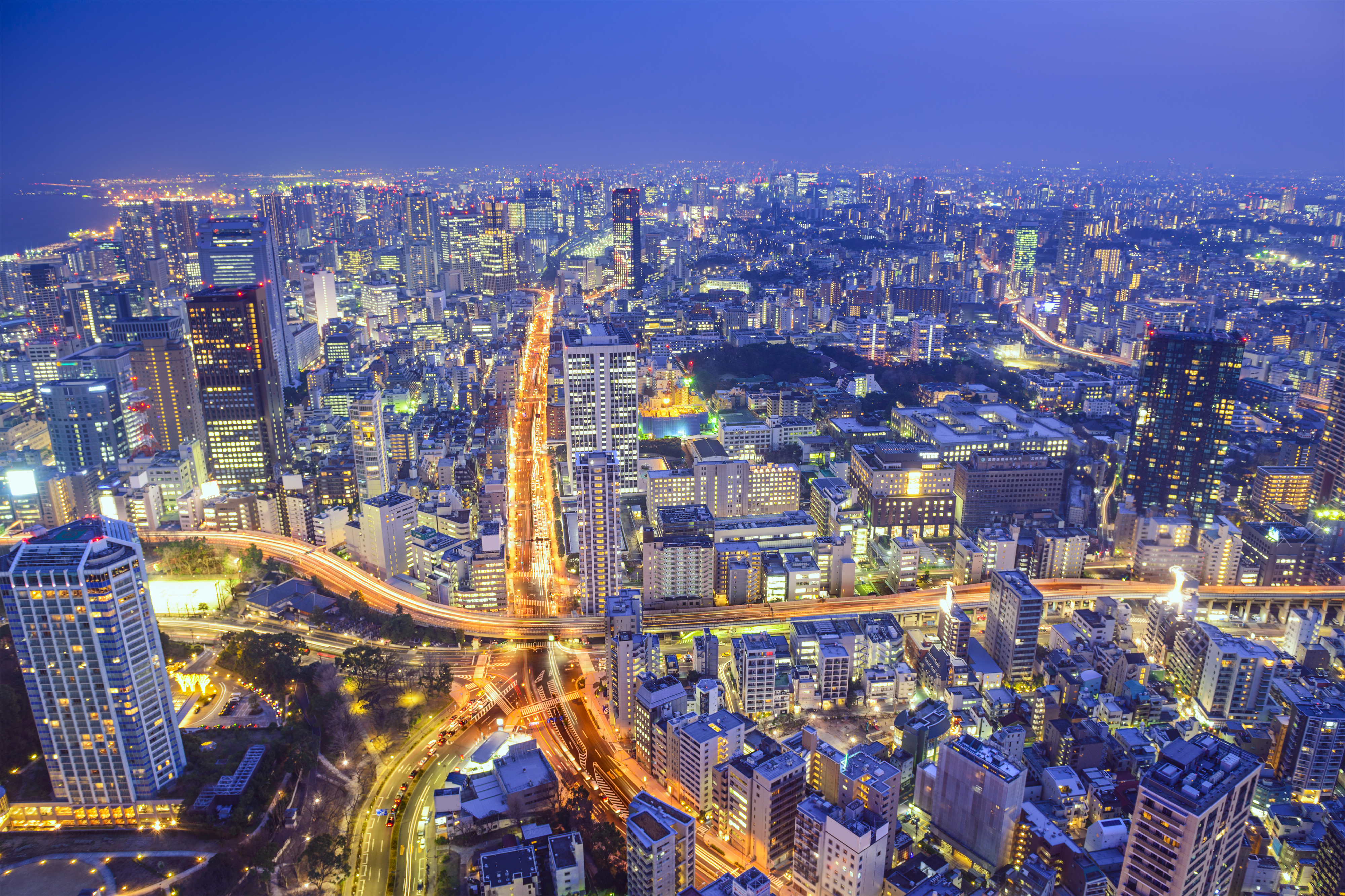 Tokyo, Japan cityscape at dusk above highway junction